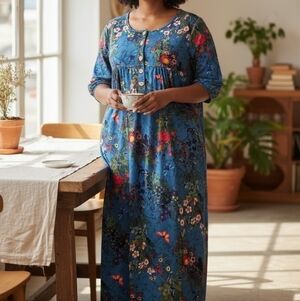 Y2K Blue Bohemian Floral Relaxed Flowy Maxi Dress Causal Colorful Cottagecore  S